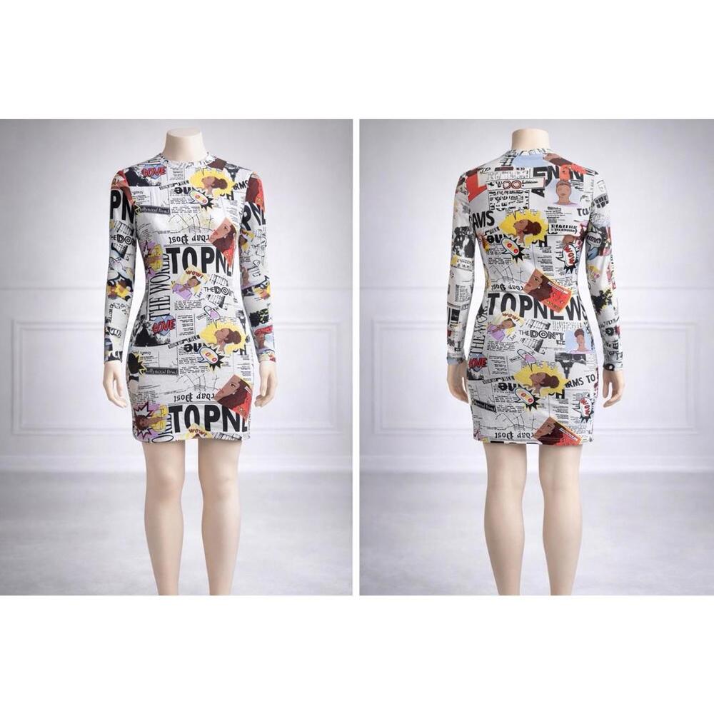Cacia Y2K VTG Cacia Women’s Bodycon Dress Size Small Comic Print Long Sleeve Str